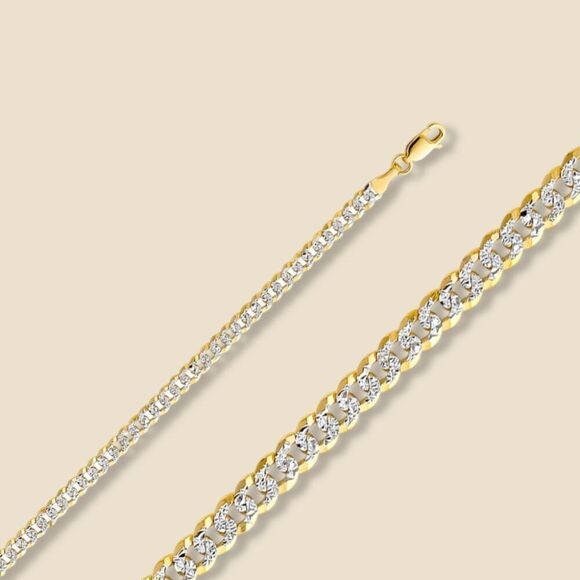 14K Solid Gold 4mm Cuban White Pave Chain NecklaceElegant Gold Jewelry
